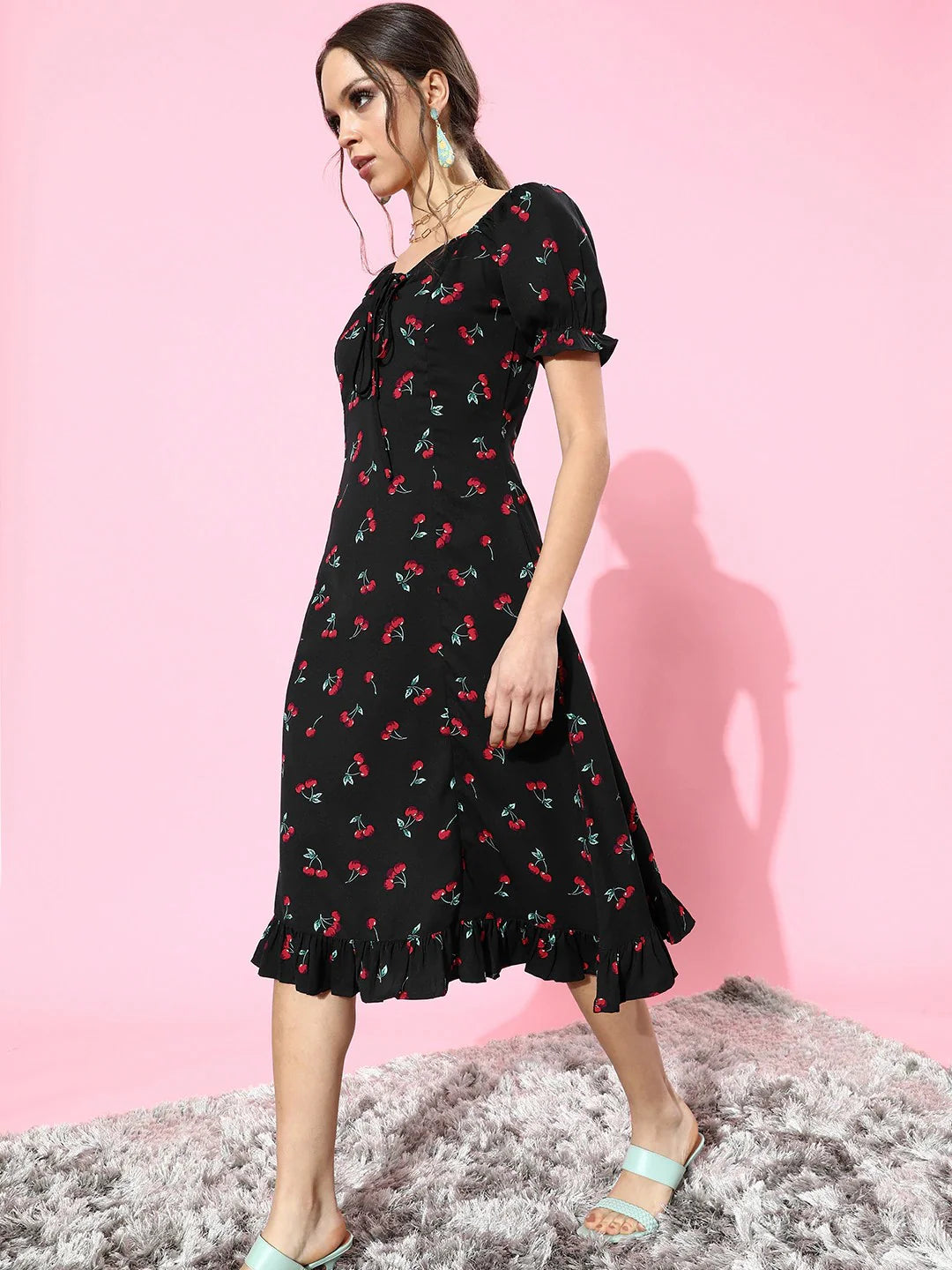 Black & Red Cherry Printed Sweetheart Neck Crepe Ruffled A-Line Midi Dress