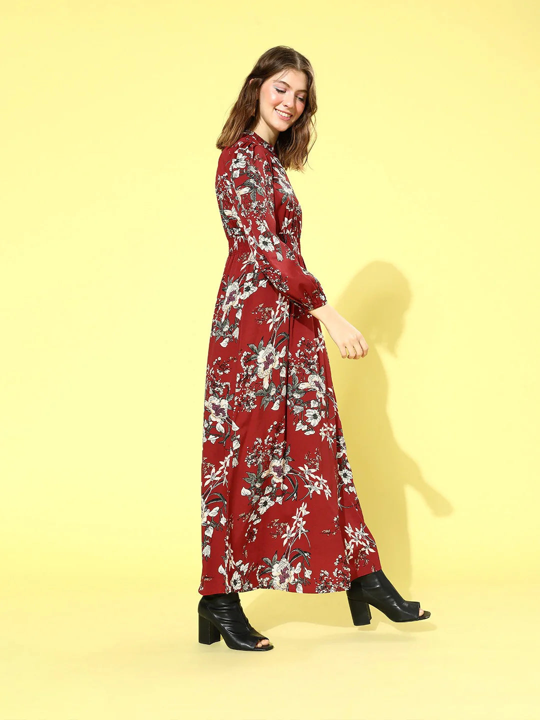 Maroon Floral Printed Mock Neck A-Line Maxi Dress For Women