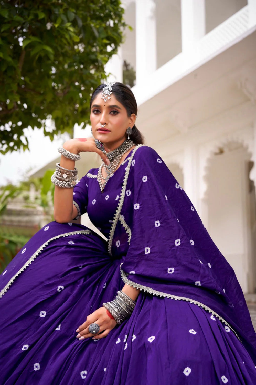 Traditional Indian Bandhej Print Lehenga Choli in Pure Chanderi