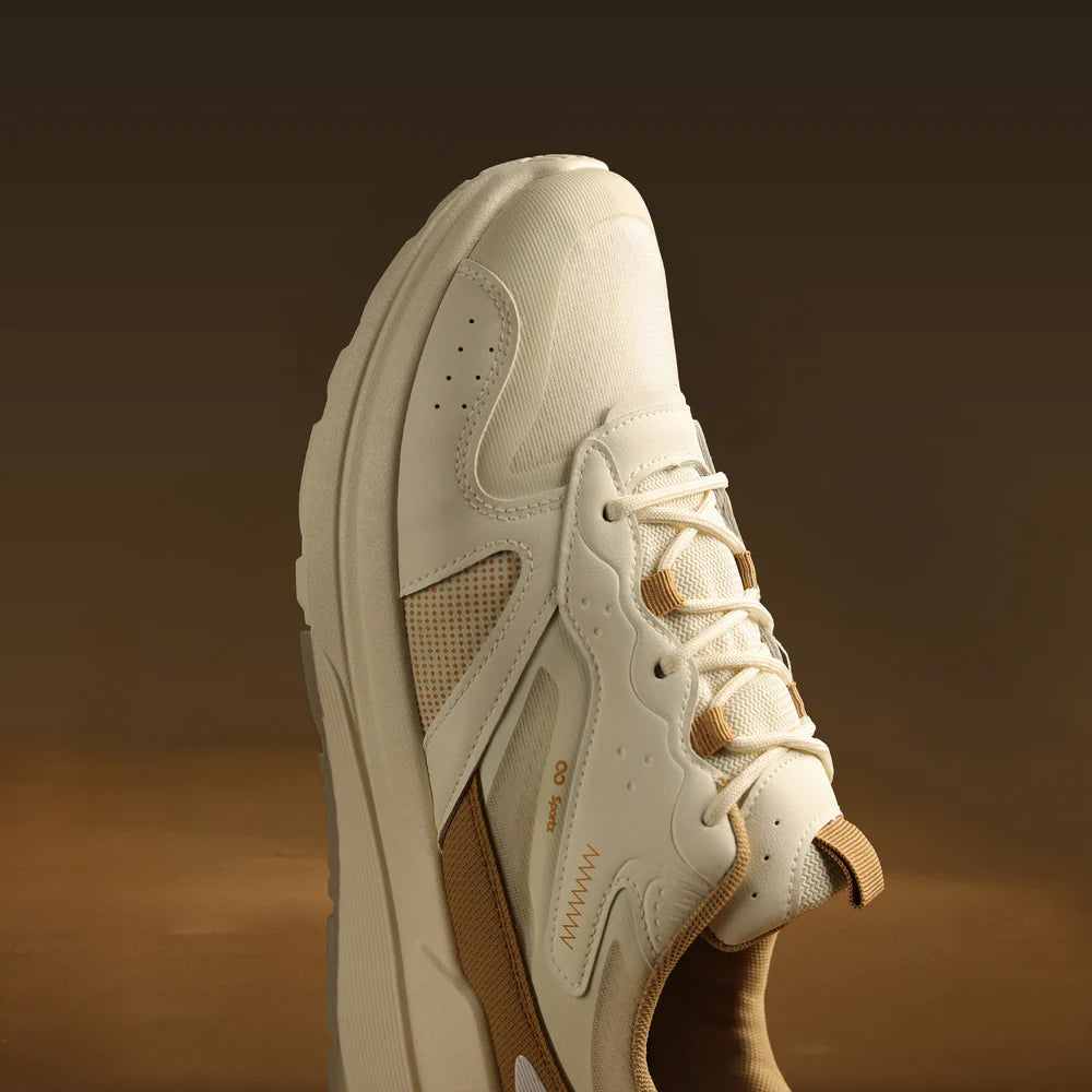 Trendy Lightweight White and Beige Athletic Sneakers for Men with Breathable Design