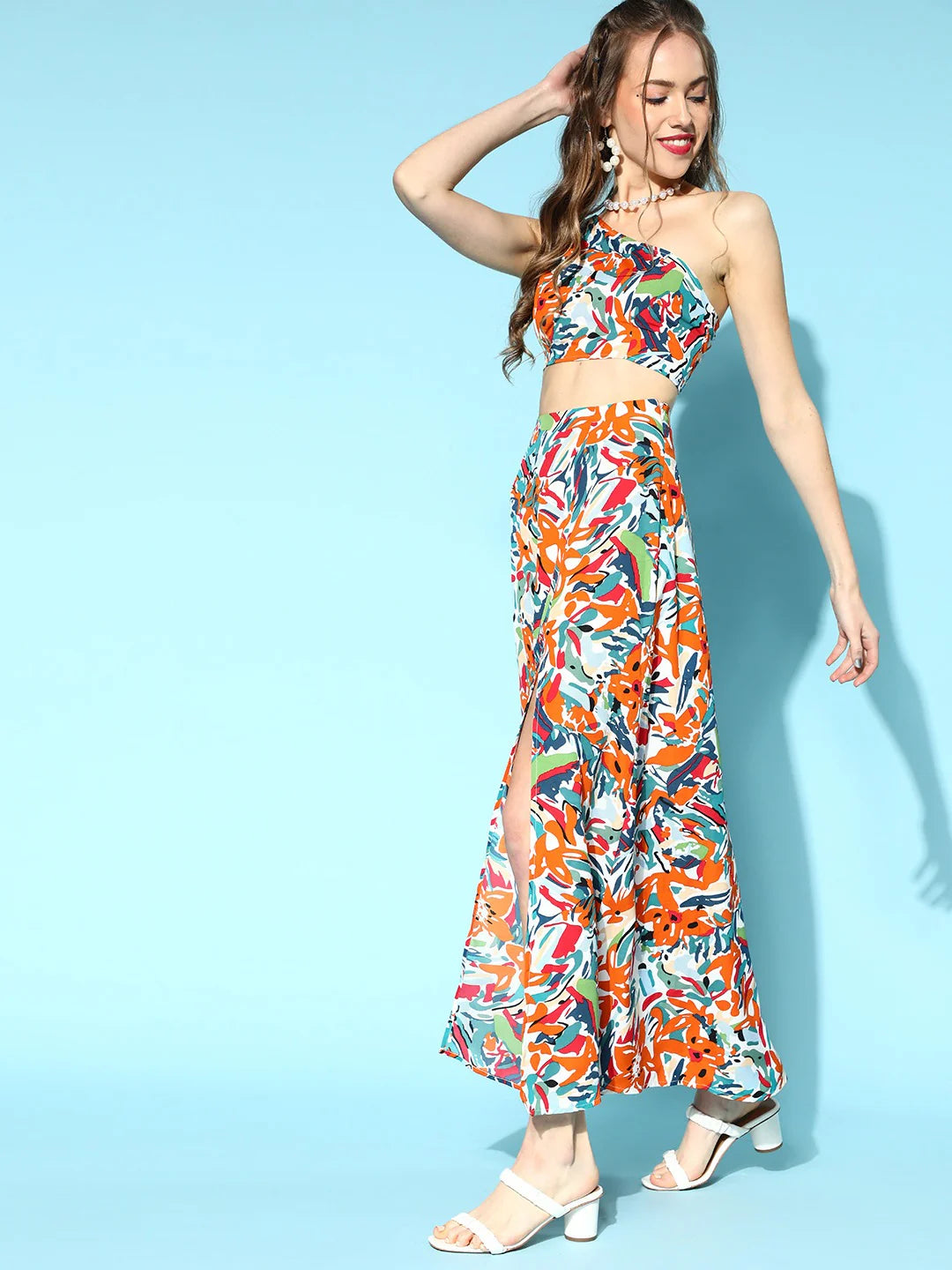White & Orange Brushstroke Printed One-Shoulder Neck Thigh-High Slit Maxi