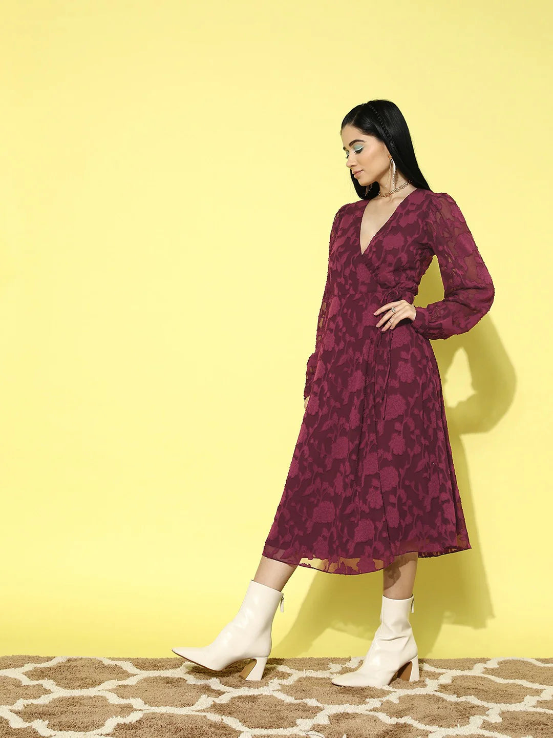 Maroon Floral Pattern V-Neck Bishop Sleeves Jacquard Layered Wrap Midi Dress