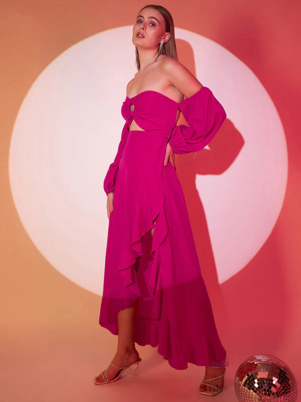 Women Solid Pink Off-Shoulder Neck Puff Sleeves Cut-Out Asymmetrical Hem A-Line Midi Dress