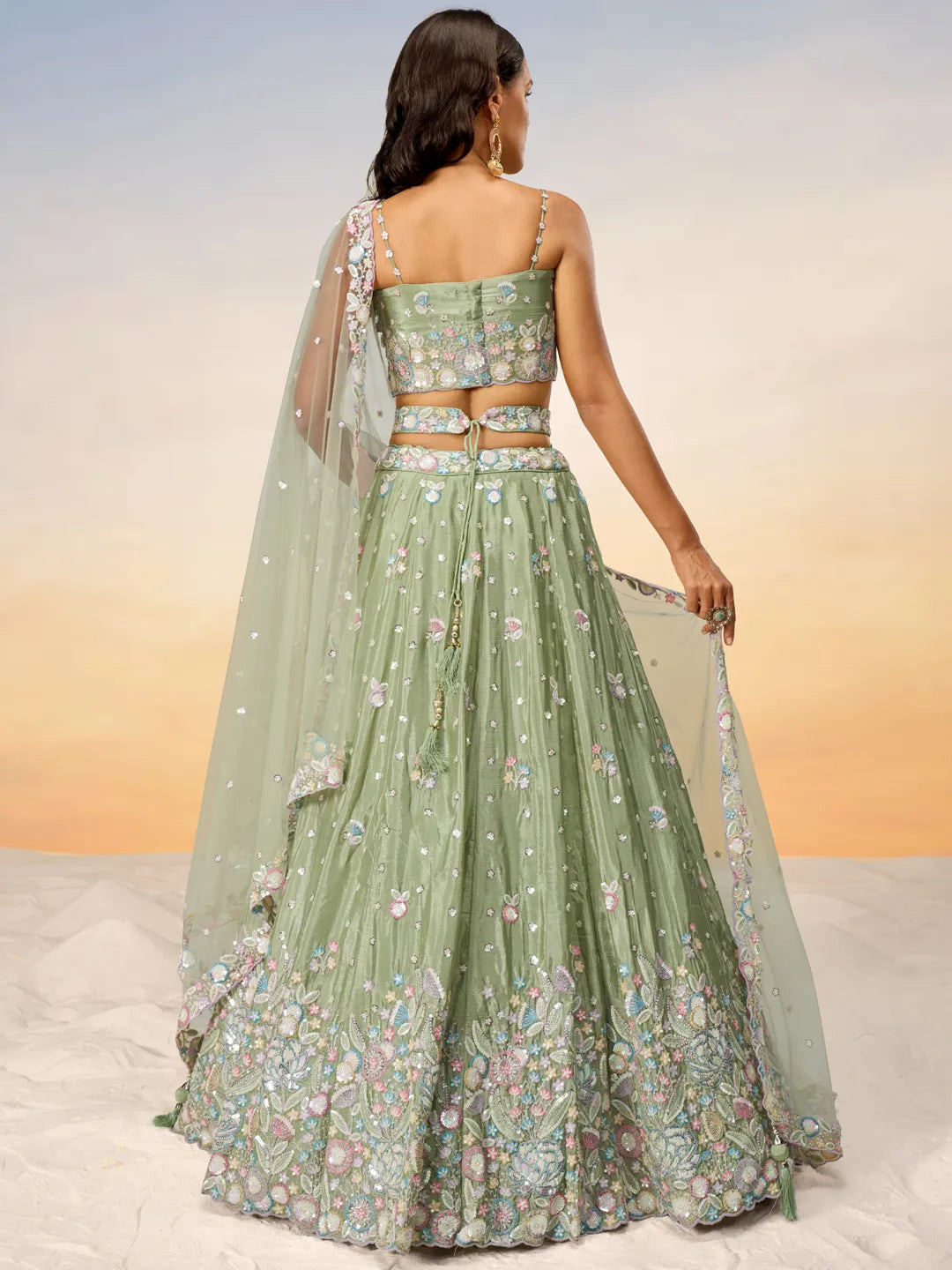 Designer Chiffon Lehenga in Green with Intricate Embroidery