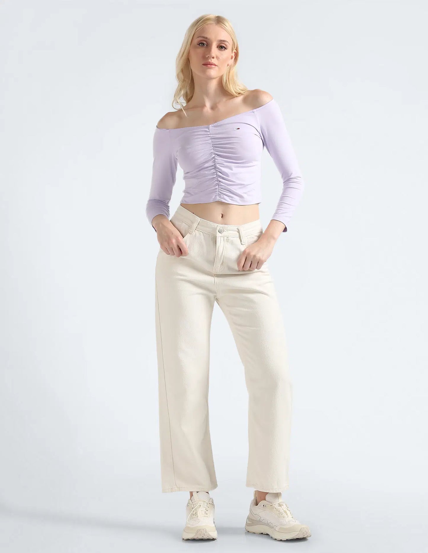 Casual Off Shoulder Gathered Crop Top Women Comfortable and Stylish