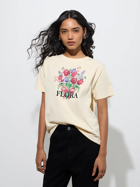 Trendy Cream Floral Detailed Cotton T Shirt Women Stylish and Light