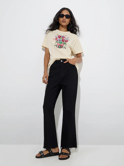 Trendy Cream Floral Detailed Cotton T Shirt Women Stylish and Light