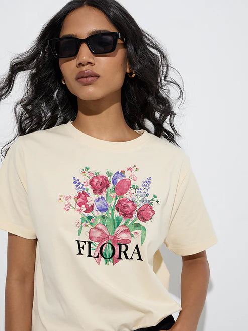 Trendy Cream Floral Detailed Cotton T Shirt Women Stylish and Light