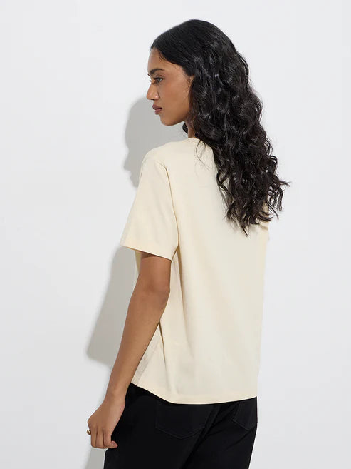 Trendy Cream Floral Detailed Cotton T Shirt Women Stylish and Light
