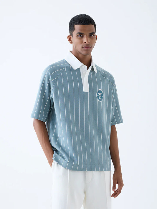 Men’s Teal Stripe Relaxed-Fit Polo T-Shirt Made with Soft Breathable Cotton-Blend Fabric