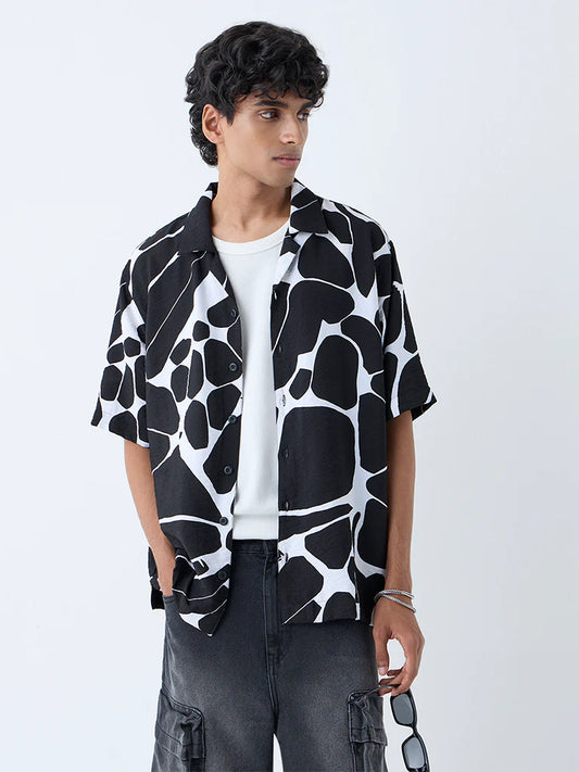 Premium Mens Black Abstract Detailed Relaxed Fit Shirt Lightweight Soft Comfortable