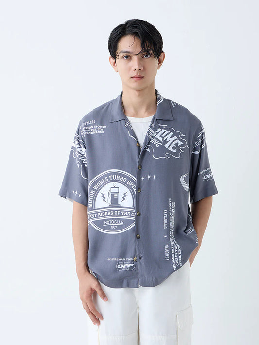 Stylish Mens Grey Typographic Relaxed Fit Shirt Comfortable Soft Lightweight Design