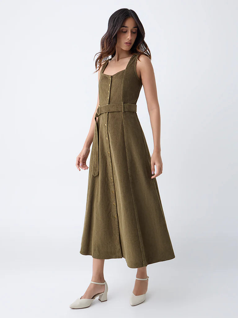 Sophisticated Women’s Olive Corduroy A-Line Dress with Waist Belt