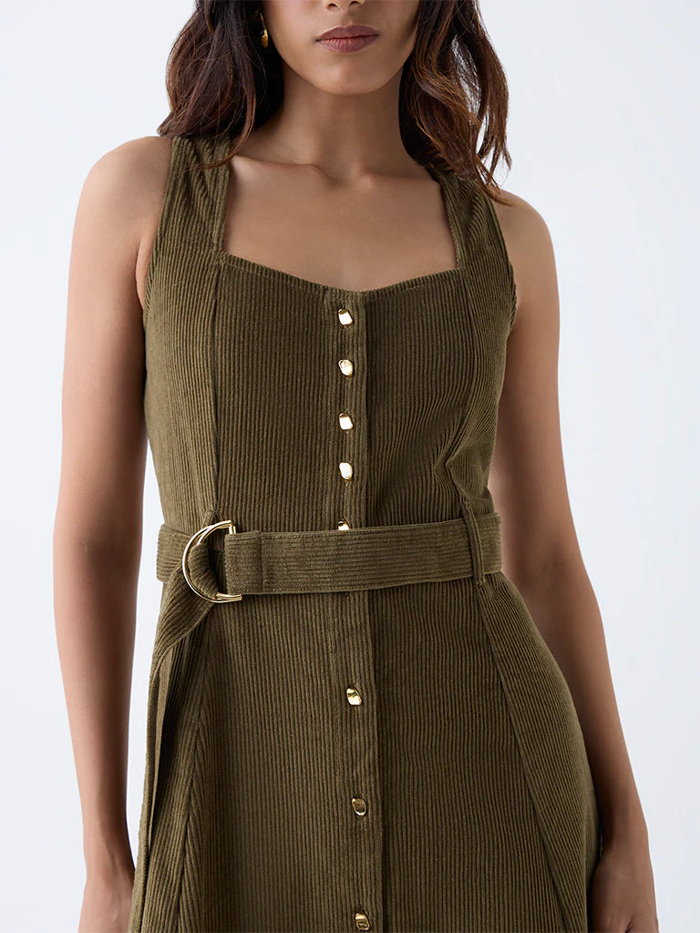 Sophisticated Women’s Olive Corduroy A-Line Dress with Waist Belt