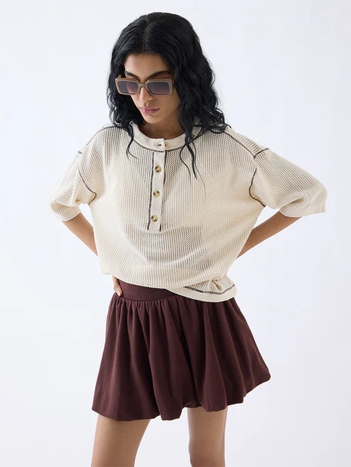 Lightweight Cream Cotton T-Shirt with Crochet Finish for Women