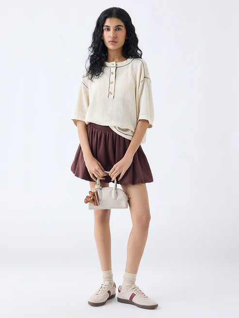 Lightweight Cream Cotton T-Shirt with Crochet Finish for Women