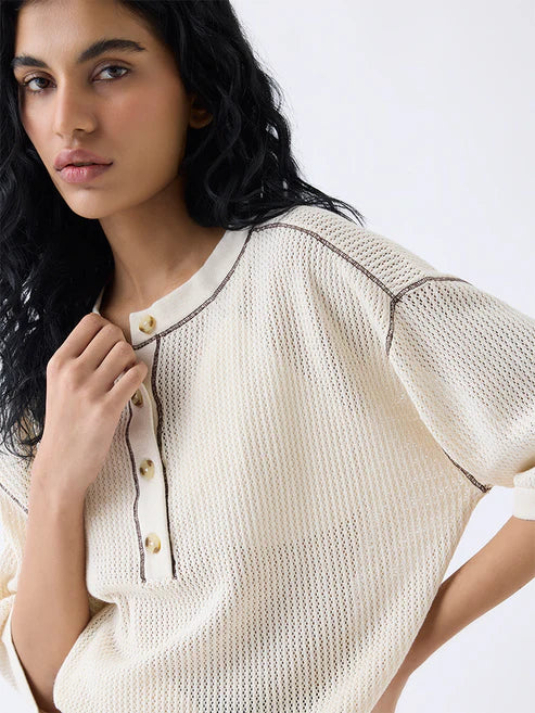 Lightweight Cream Cotton T-Shirt with Crochet Finish for Women