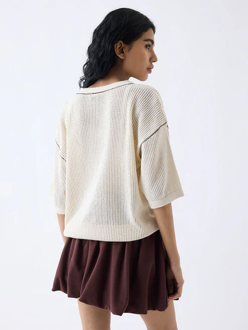 Lightweight Cream Cotton T-Shirt with Crochet Finish for Women