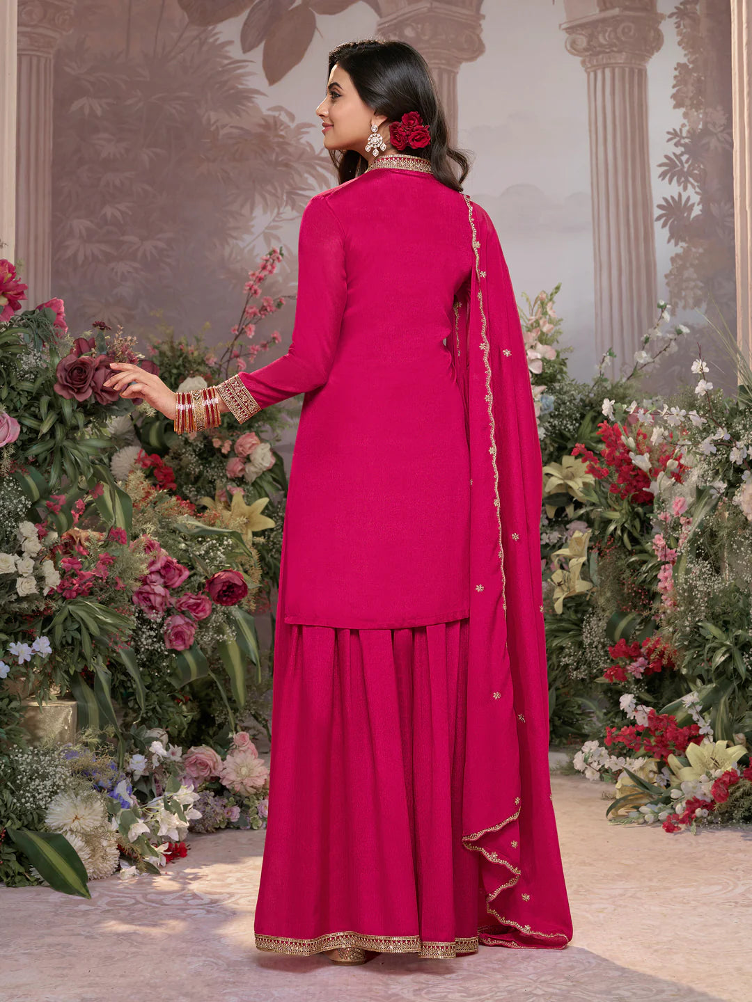 Festive Hot Pink Chinon Kurta Set with Embroidery and Matching Dupatta