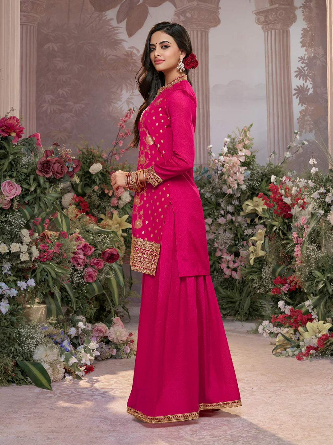 Festive Hot Pink Chinon Kurta Set with Embroidery and Matching Dupatta