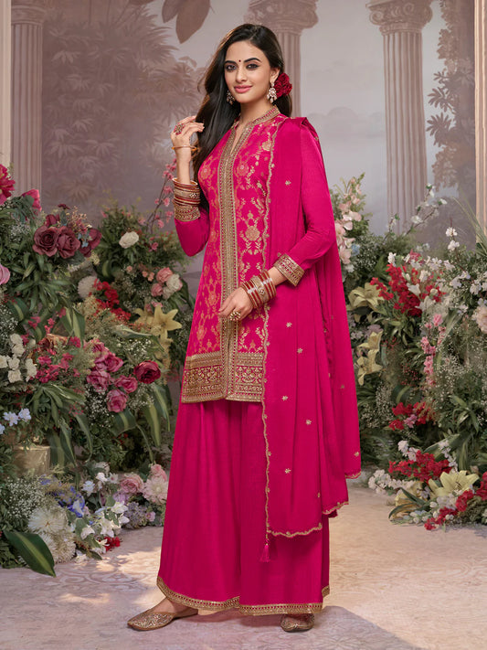 Festive Hot Pink Chinon Kurta Set with Embroidery and Matching Dupatta