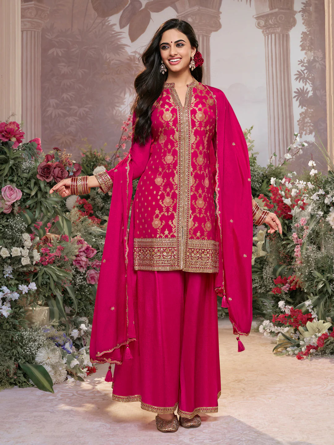 Festive Hot Pink Chinon Kurta Set with Embroidery and Matching Dupatta