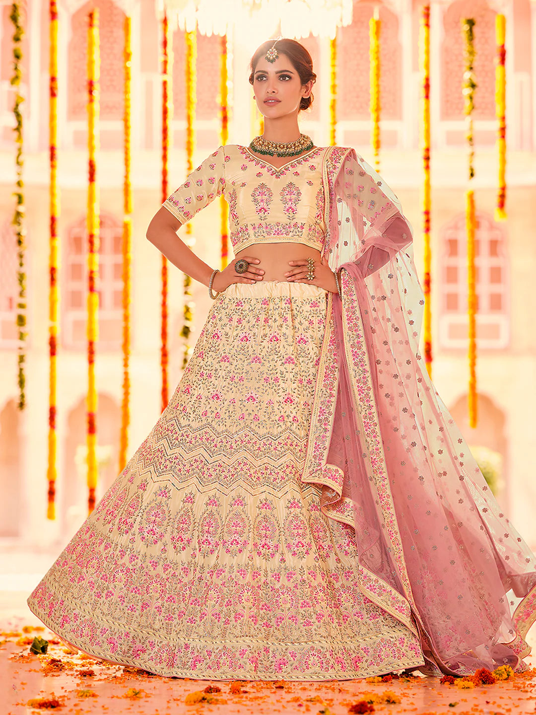 Women Designer Beige Embroidered Crepe Lehenga Semi Stitched with Blouse