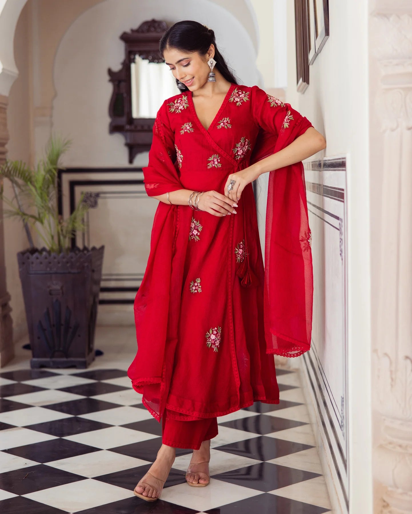 Sophisticated Ruby Red Embroidered Doria Suit Set for Women’s Festive and Wedding Wardrobe