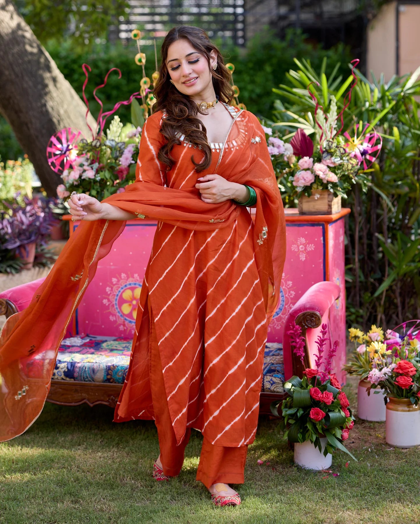Stylish Raksha Orange Leheriya Cotton Kurta Set with Matching Bottom and Dupatta