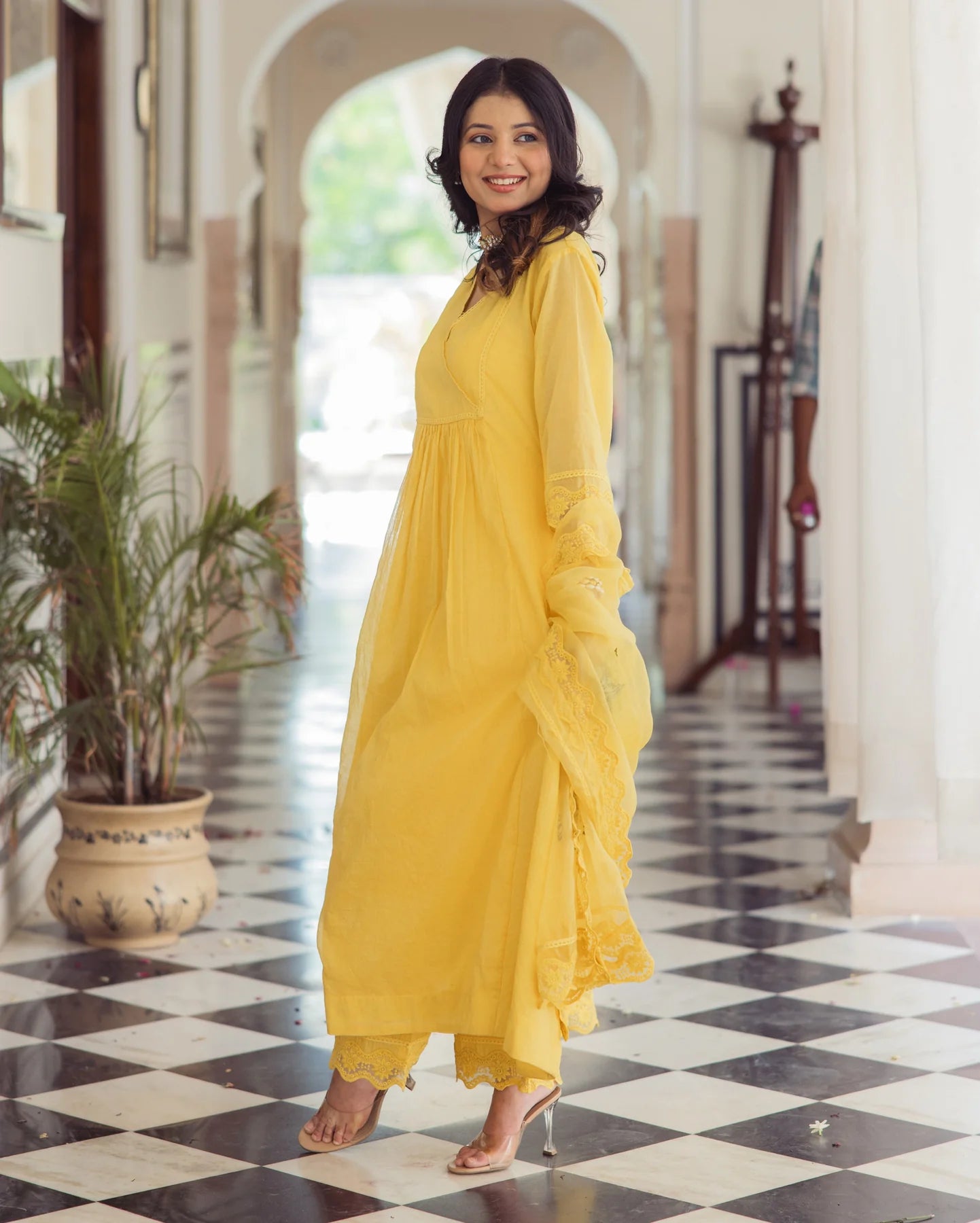 Designer Sakshi Yellow Embroidered Chanderi Anarkali Suit Set with Intricate Detailing