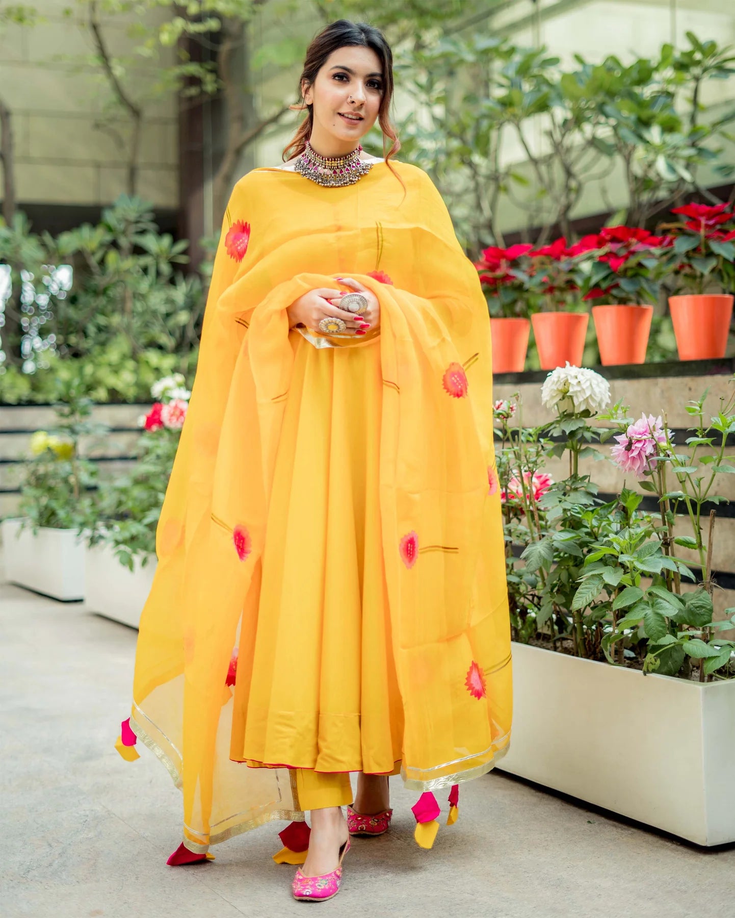 Premium Yellow Organza Suit Set with Delicate Handpainted Artwork for Special Occasions