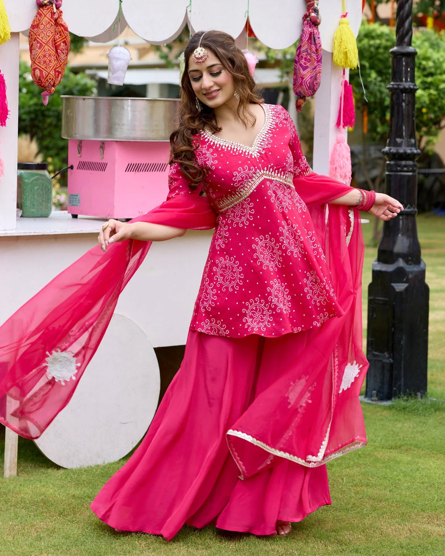 Charming Pink Bandhani Crepe Suit Ensemble with Dupatta for Weddings, Parties and Special Occasions