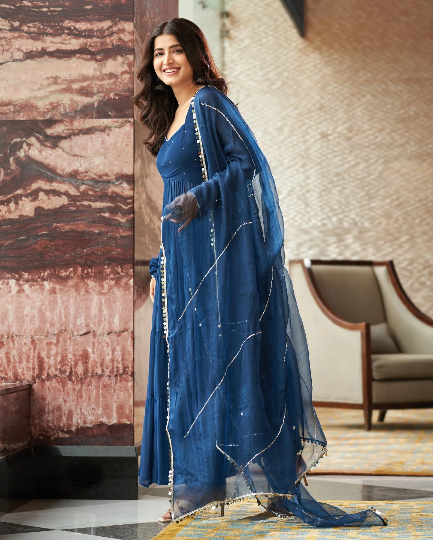 Elegant Aradhna Blue Embroidered Georgette Suit Set with Dupatta for Festive and Wedding Wear