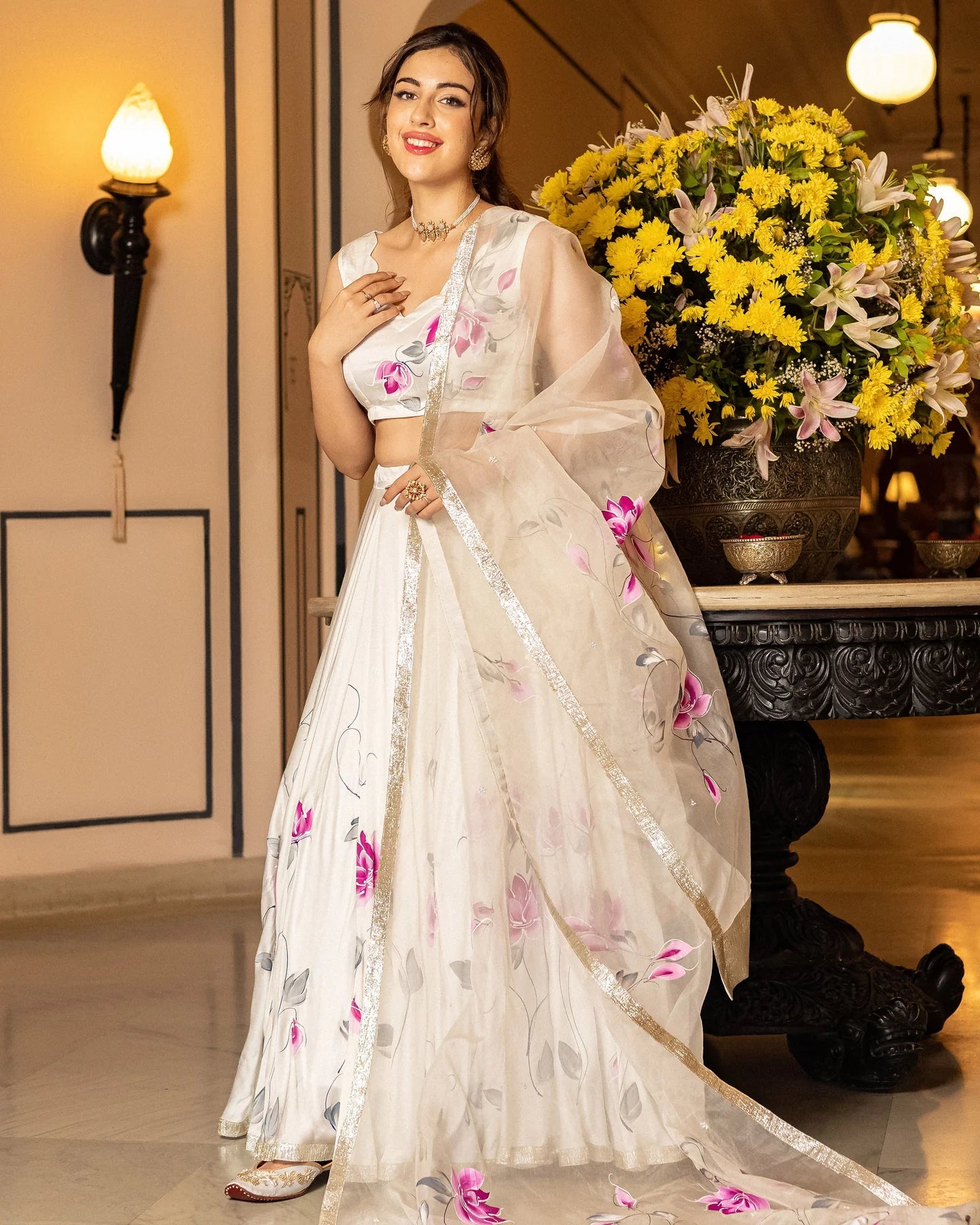 Womens Sefid Handpainted Lehenga Set Beautiful Handcrafted Traditional Attire