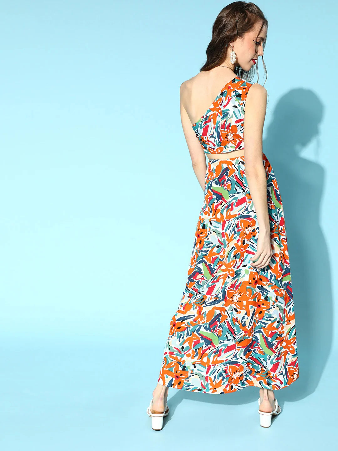 White & Orange Brushstroke Printed One-Shoulder Neck Thigh-High Slit Maxi