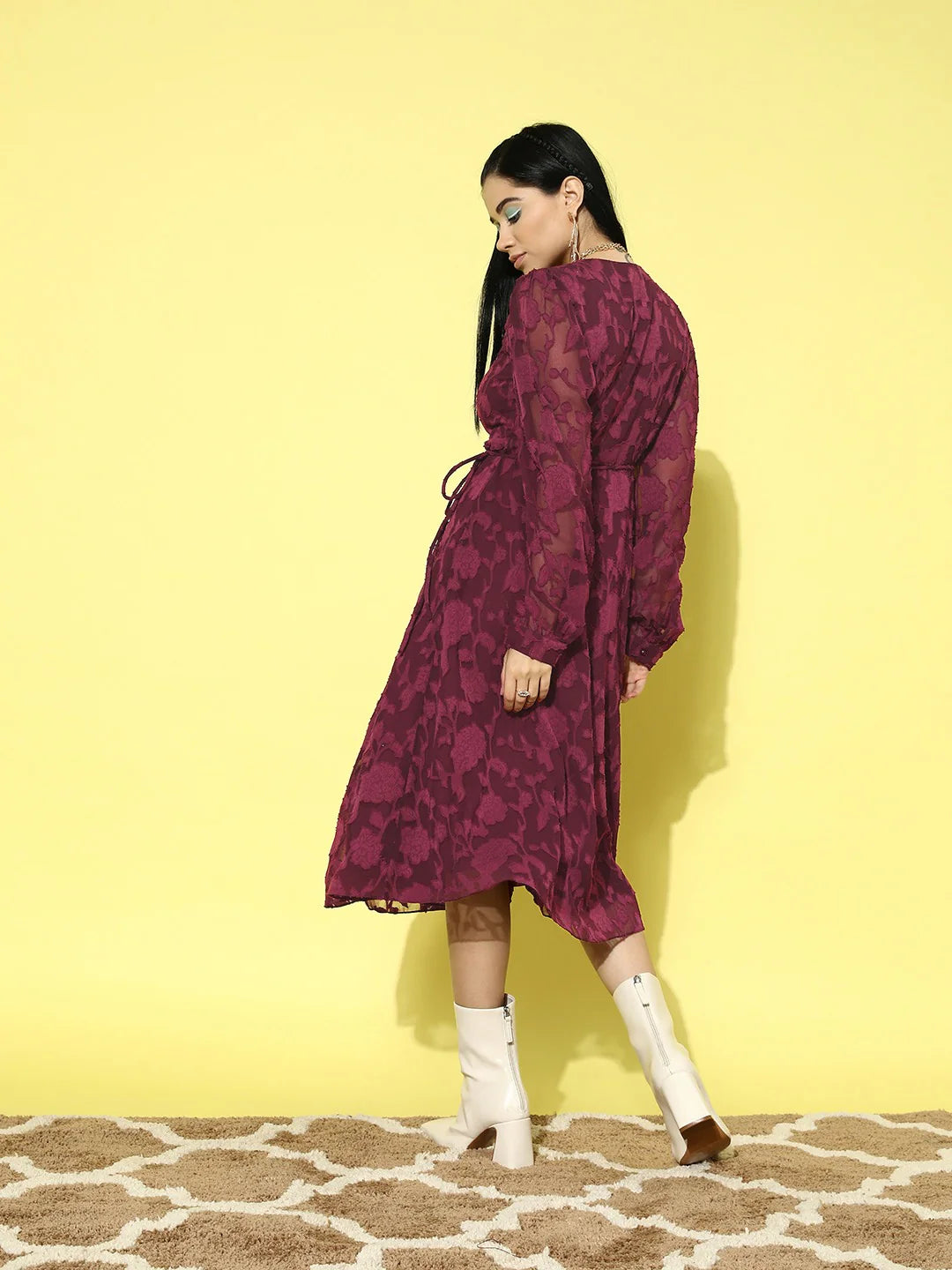 Maroon Floral Pattern V-Neck Bishop Sleeves Jacquard Layered Wrap Midi Dress