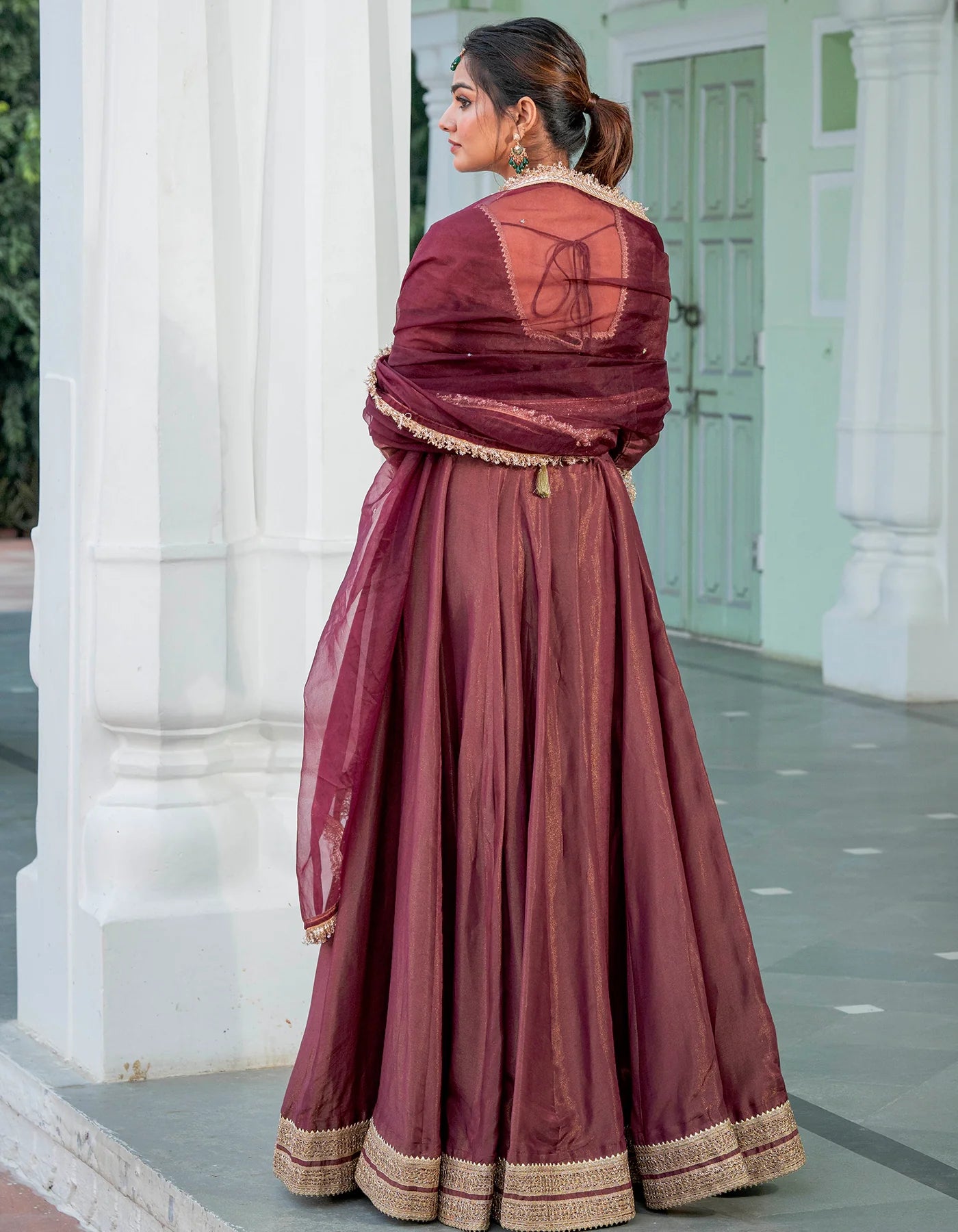 Premium Wine Tissue Lehenga Set with Kalidaar Design