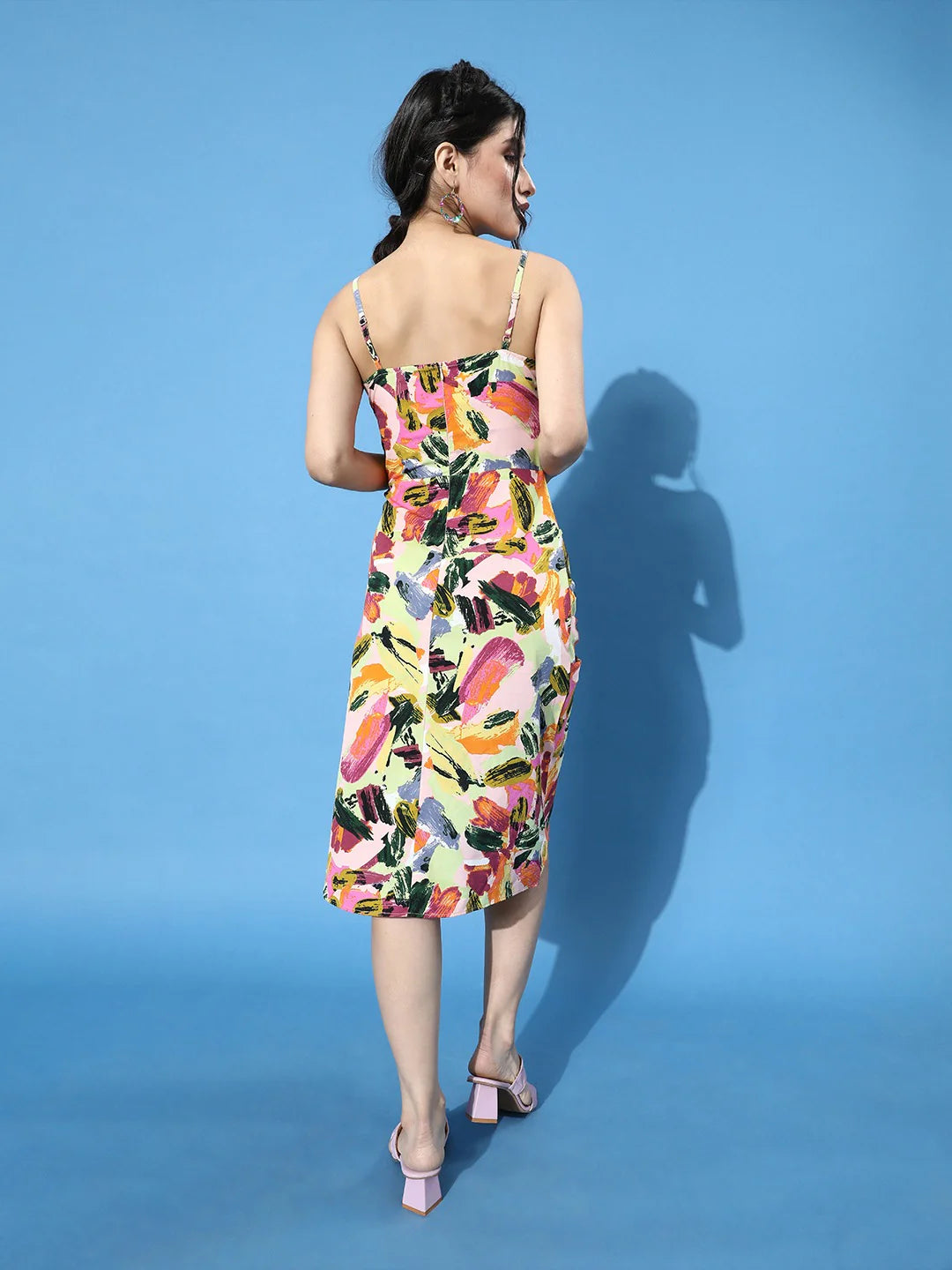 Women Multicoloured Stroke Split Thigh Cami Crepe Midi Dress