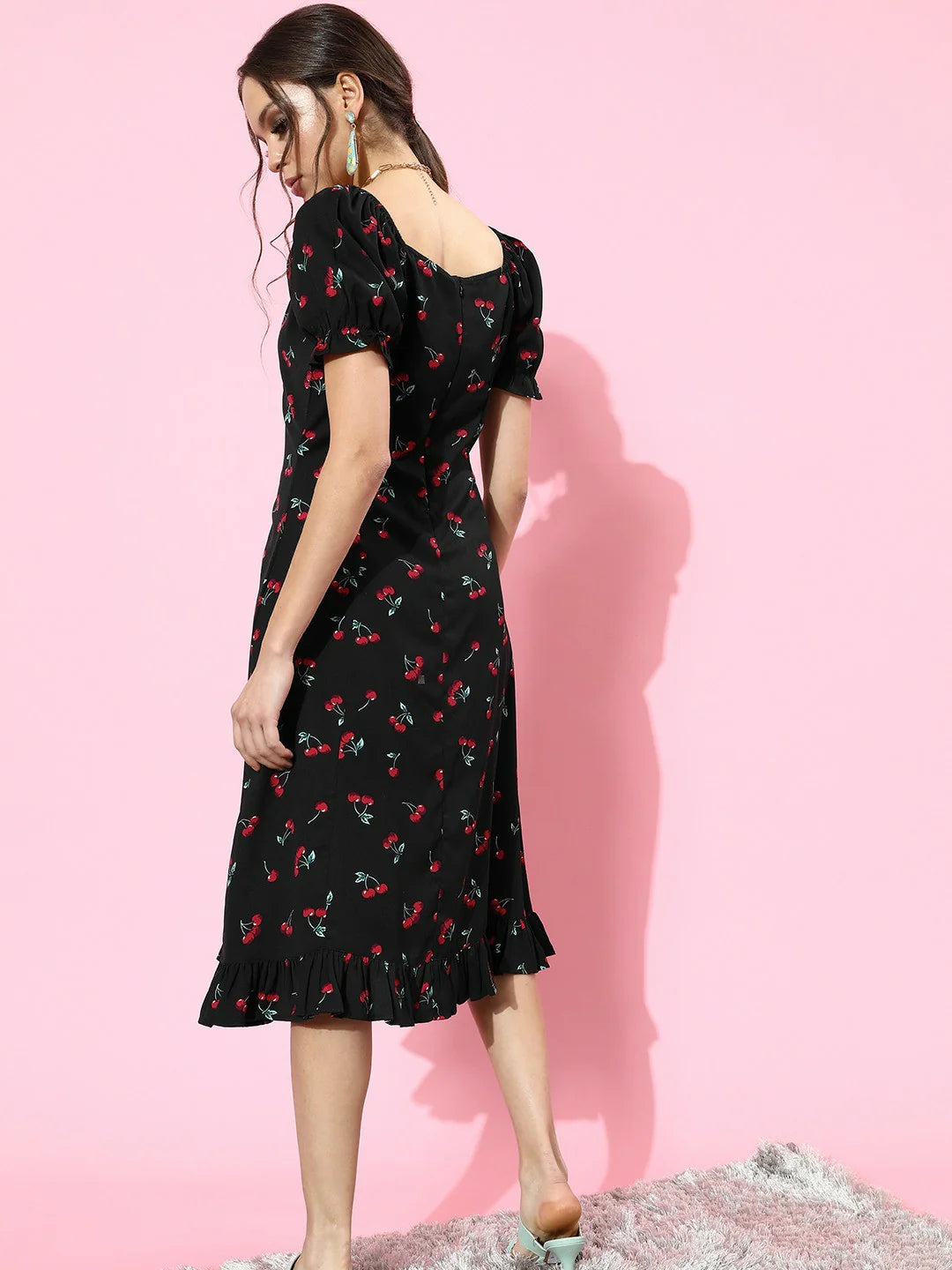 Black & Red Cherry Printed Sweetheart Neck Crepe Ruffled A-Line Midi Dress