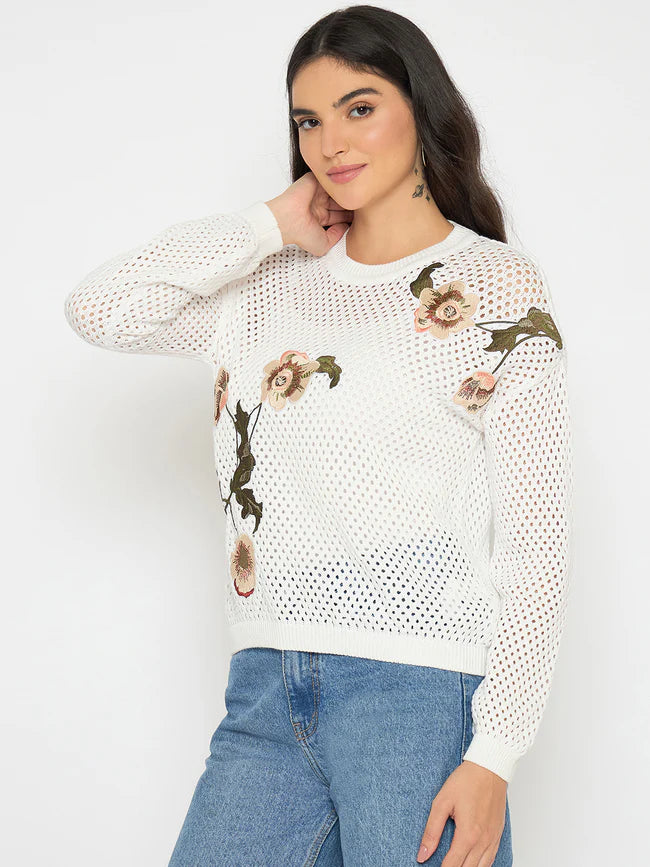 Women’s Semi Sheer Off White Embroidered Knitted Top Trendy Everyday Style