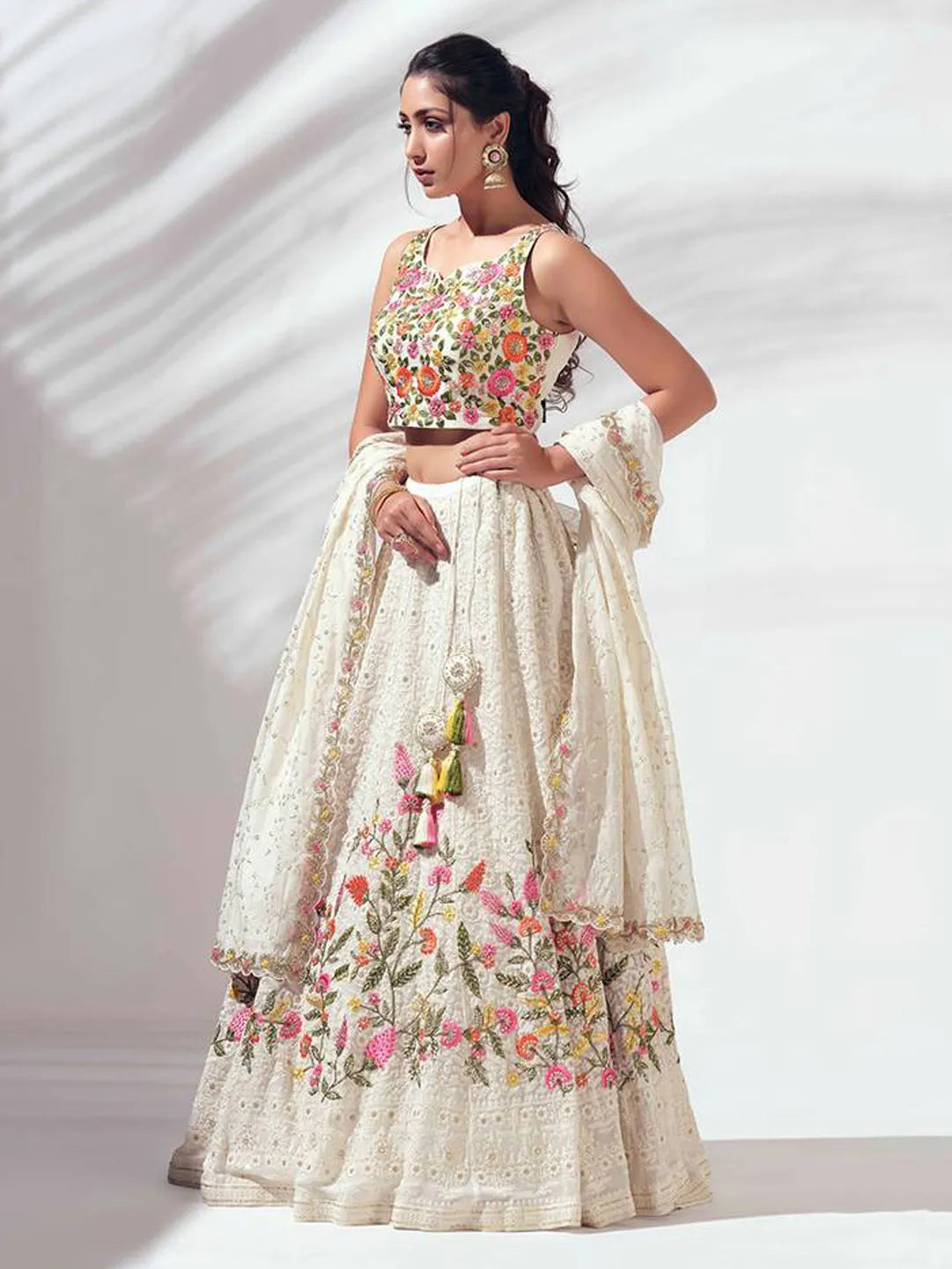 White and Off White Faux Georgette Lehenga with Elegant Embroidered Work