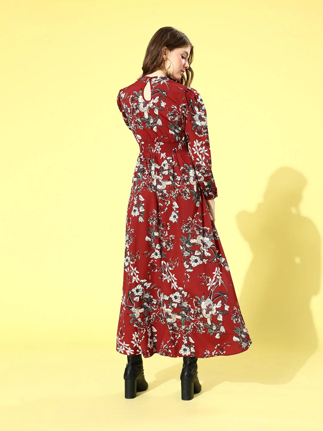 Maroon Floral Printed Mock Neck A-Line Maxi Dress For Women