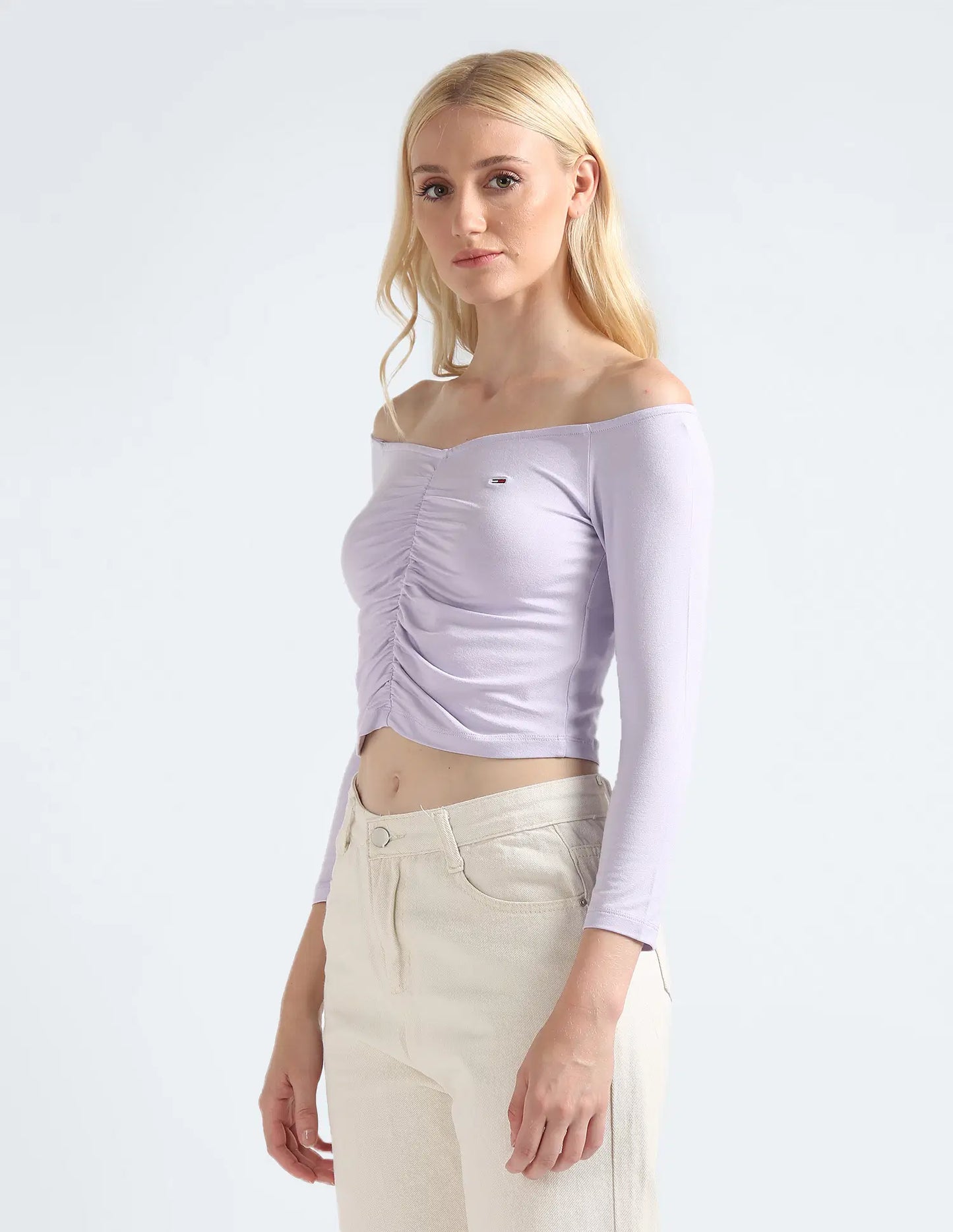 Casual Off Shoulder Gathered Crop Top Women Comfortable and Stylish