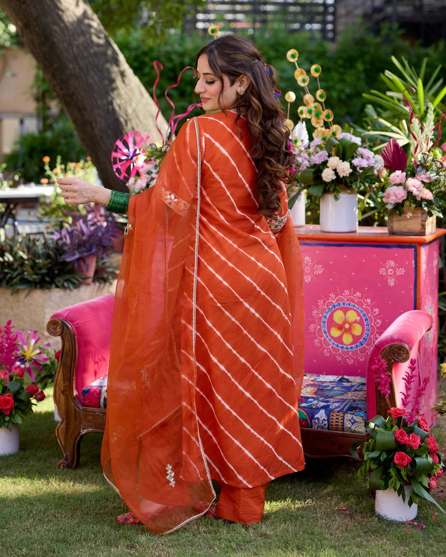 Stylish Raksha Orange Leheriya Cotton Kurta Set with Matching Bottom and Dupatta