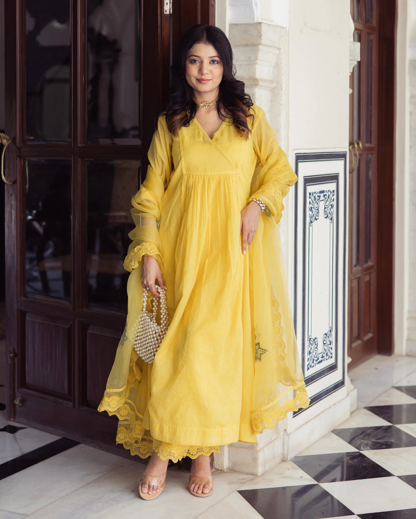 Designer Sakshi Yellow Embroidered Chanderi Anarkali Suit Set with Intricate Detailing