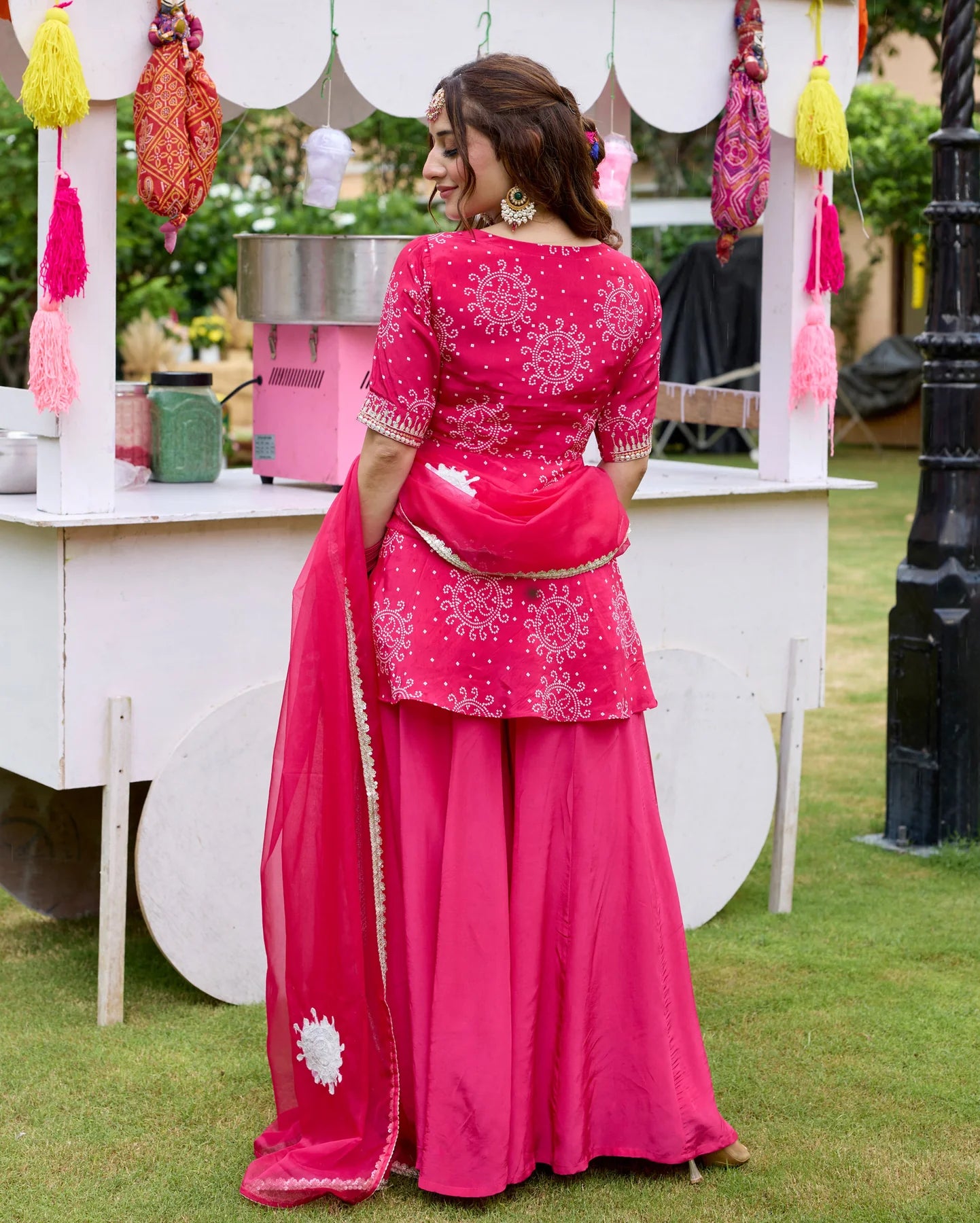 Charming Pink Bandhani Crepe Suit Ensemble with Dupatta for Weddings, Parties and Special Occasions