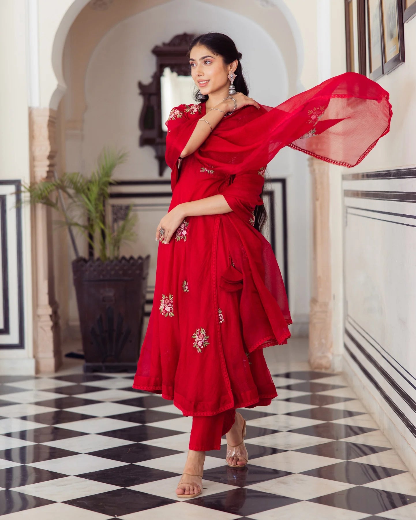 Sophisticated Ruby Red Embroidered Doria Suit Set for Women’s Festive and Wedding Wardrobe