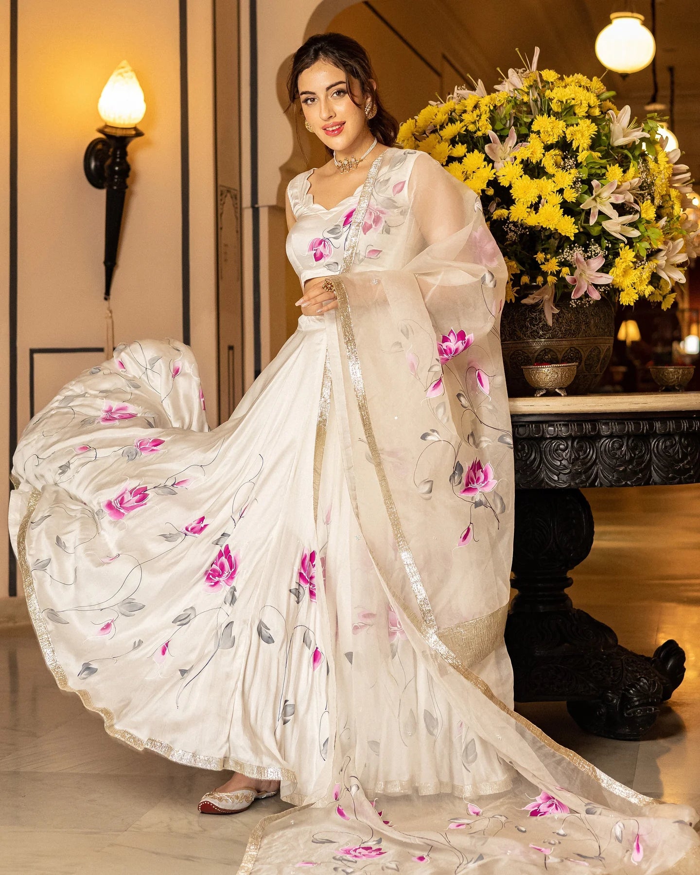 Womens Sefid Handpainted Lehenga Set Beautiful Handcrafted Traditional Attire
