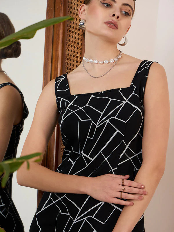 Black & White Geometric Printed Square Neck Sleeveless Crepe Straight Hem Bodycon Mini Dress