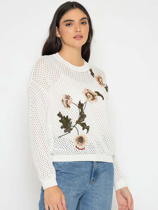 Women’s Semi Sheer Off White Embroidered Knitted Top Trendy Everyday Style